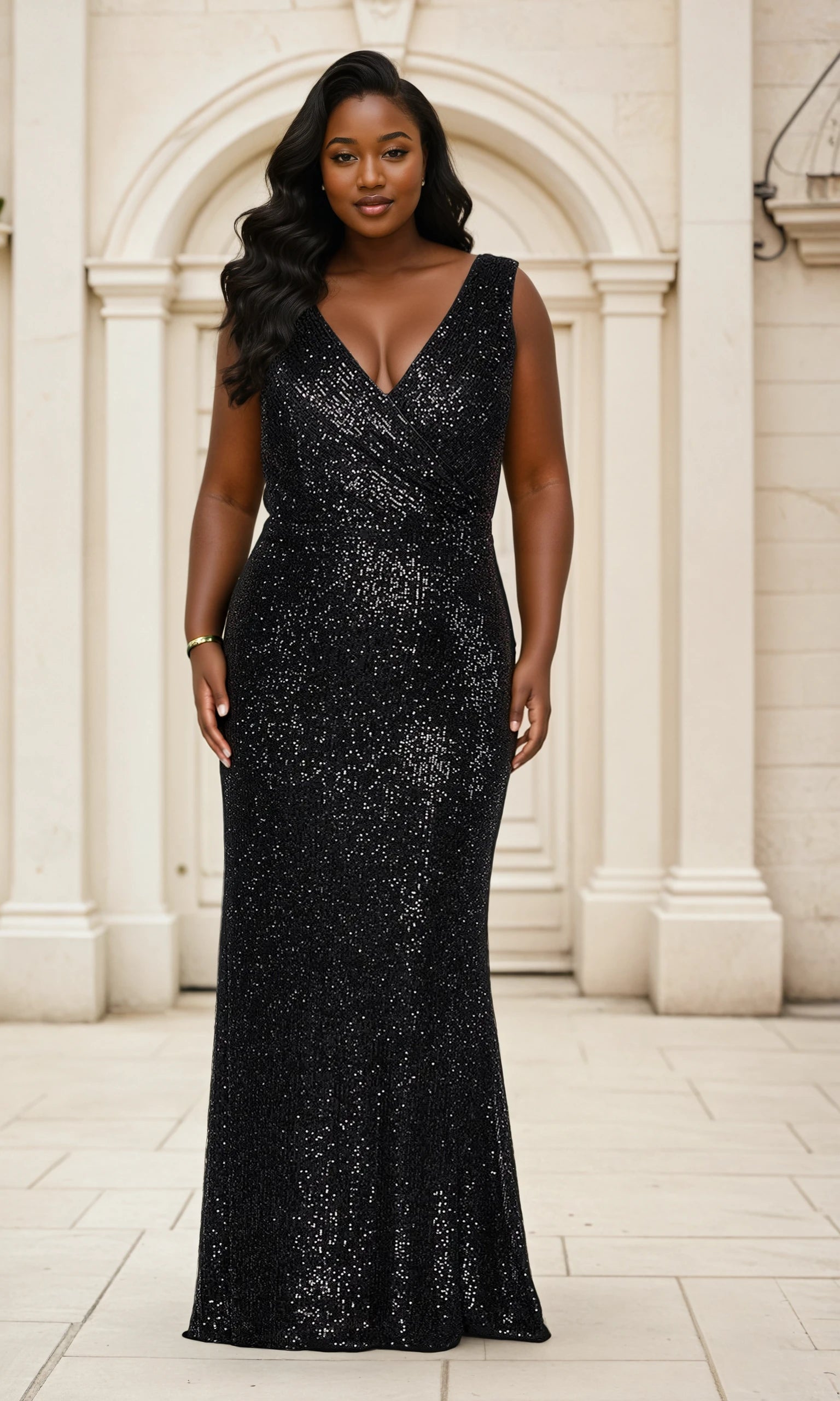 La Femme-La Femme Plus-Size V-Neck Sequin Long Prom Dress